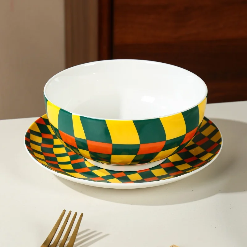 product wholesale porcelain reusable round shape cubic lattice design ceramic dinnerware dessert plate home tableware dinnerware set-5