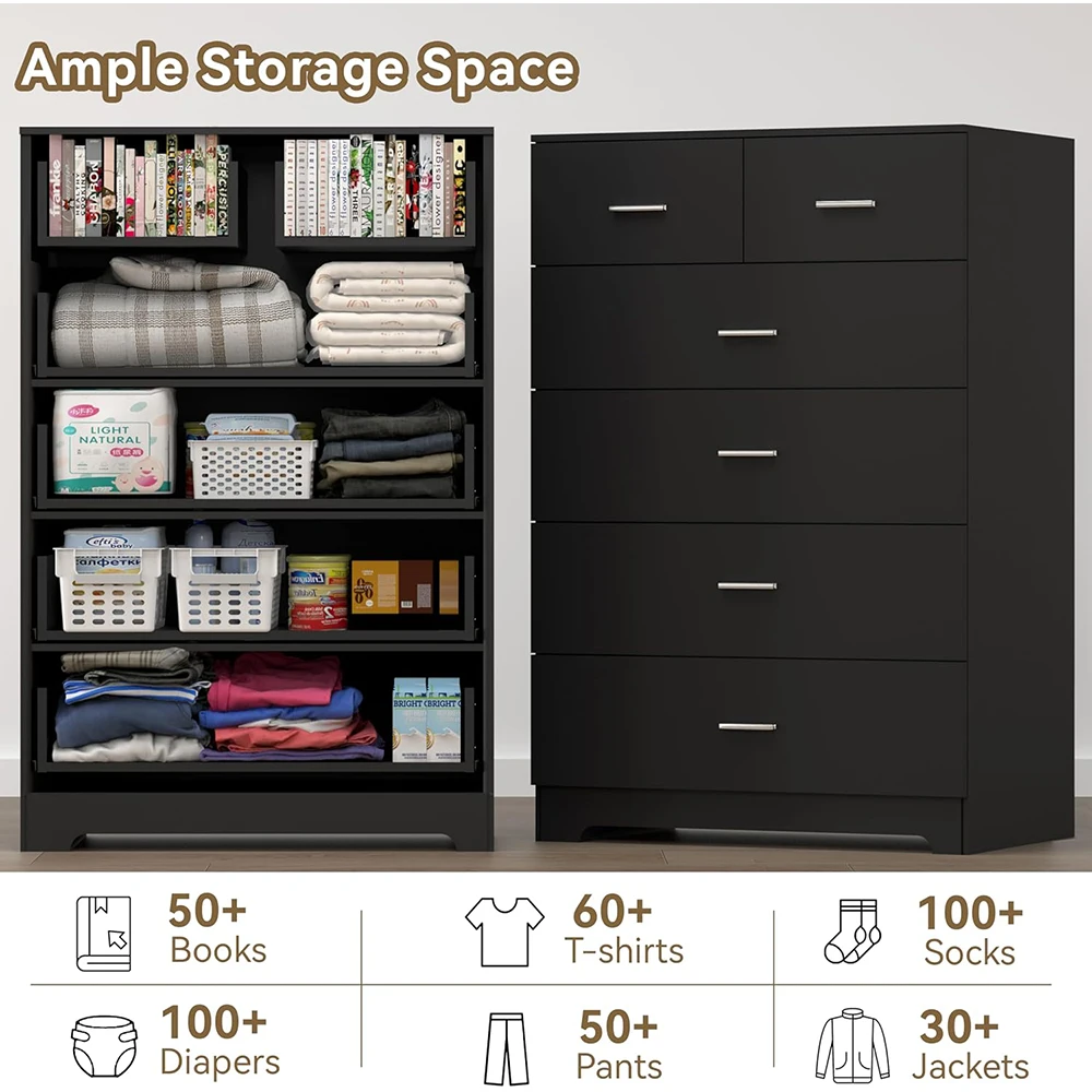 product nu deco mh25809 6 drawer wooden modern dresser with power outlets black tall storage smooth metal rail for bedroom-5