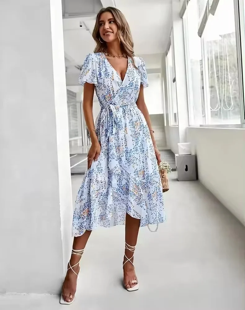 Wholesale 2024 Spring Elegance Lantern Long Sleeved Flip Collar Waist Slimming A-line Printed Shirt Women's Dress