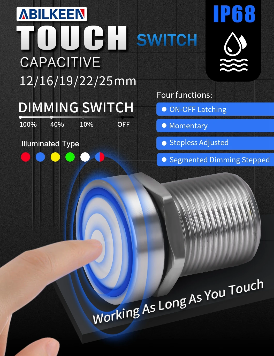 Abilkeen 19mm Self Latching Stainless Steel Metal Touch Switch Flat