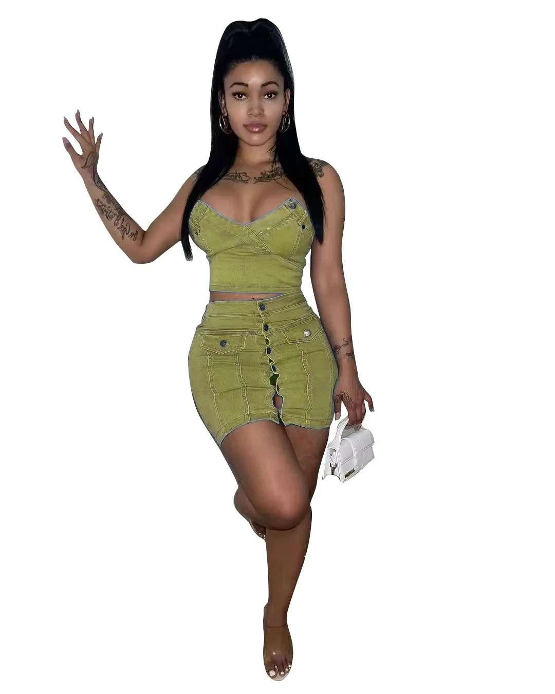 Latest Design Cotton Wash Denim Outfit for Women Sexy Strapless Crop Top High Waist Button Jean Mini Skirt 2 Piece Set supplier