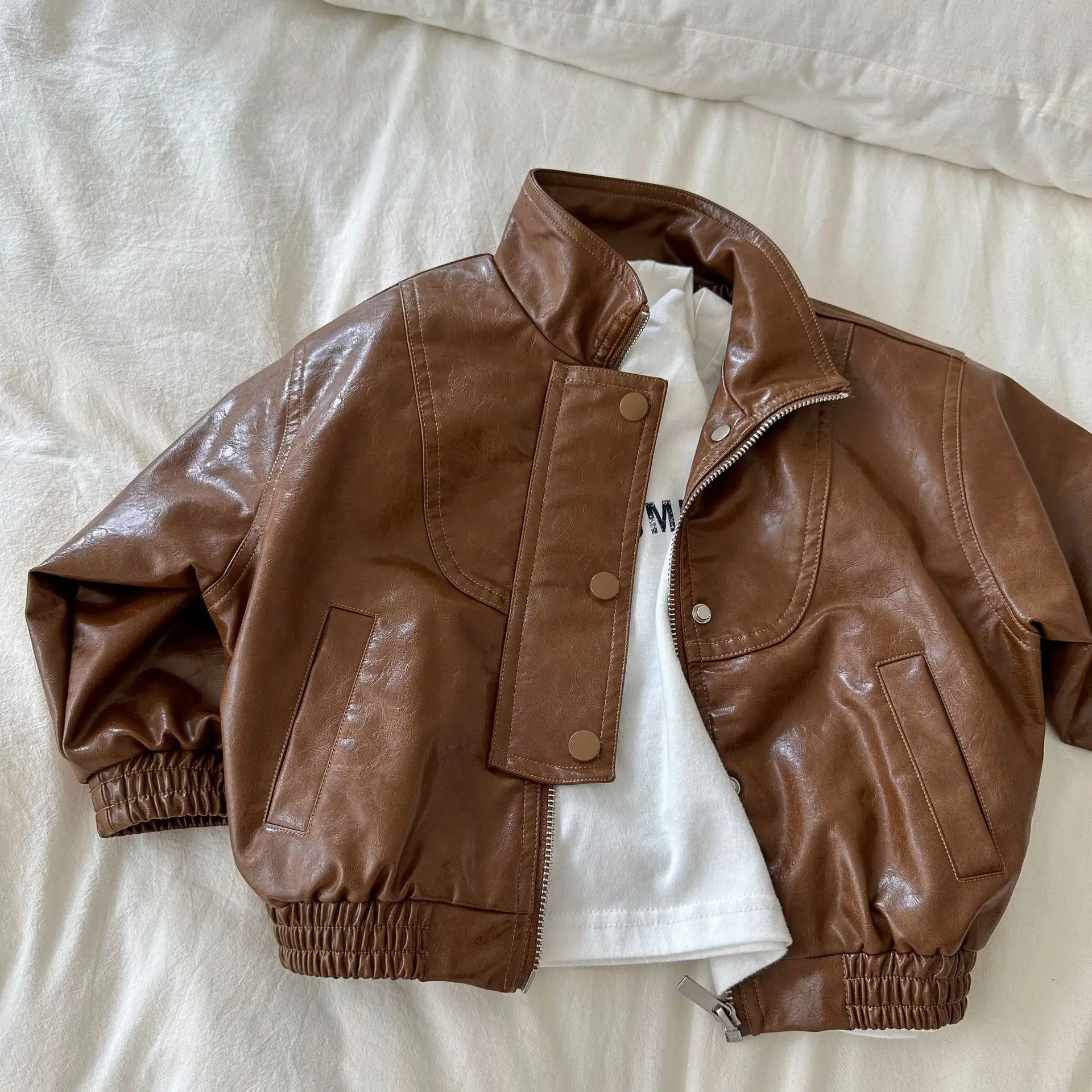 2023 autumn winter new children's casual solid brown leather coat boys girls unisex fashion jacket