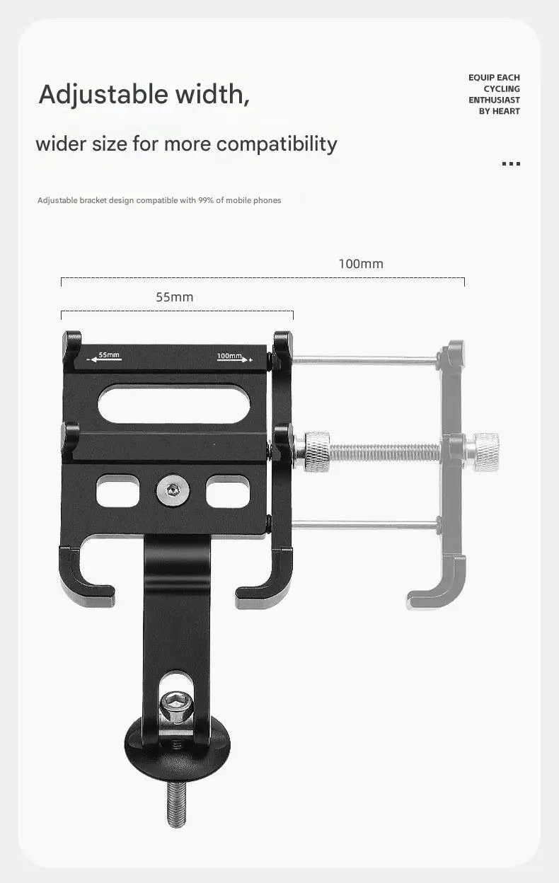 Universal Motorcycle Cell Phone Holder with Bottom Support Stainless Steel Black for Right Side Placement of Your Phone