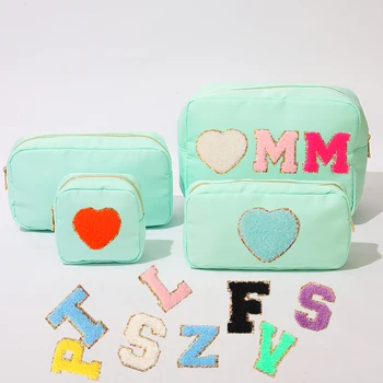 Stock Mint S M L XL 4 Pieces DIY Embroidery Patch Personalize Toiletry Pouch Waterproof Women Storage Nylon Travel Makeup Bag