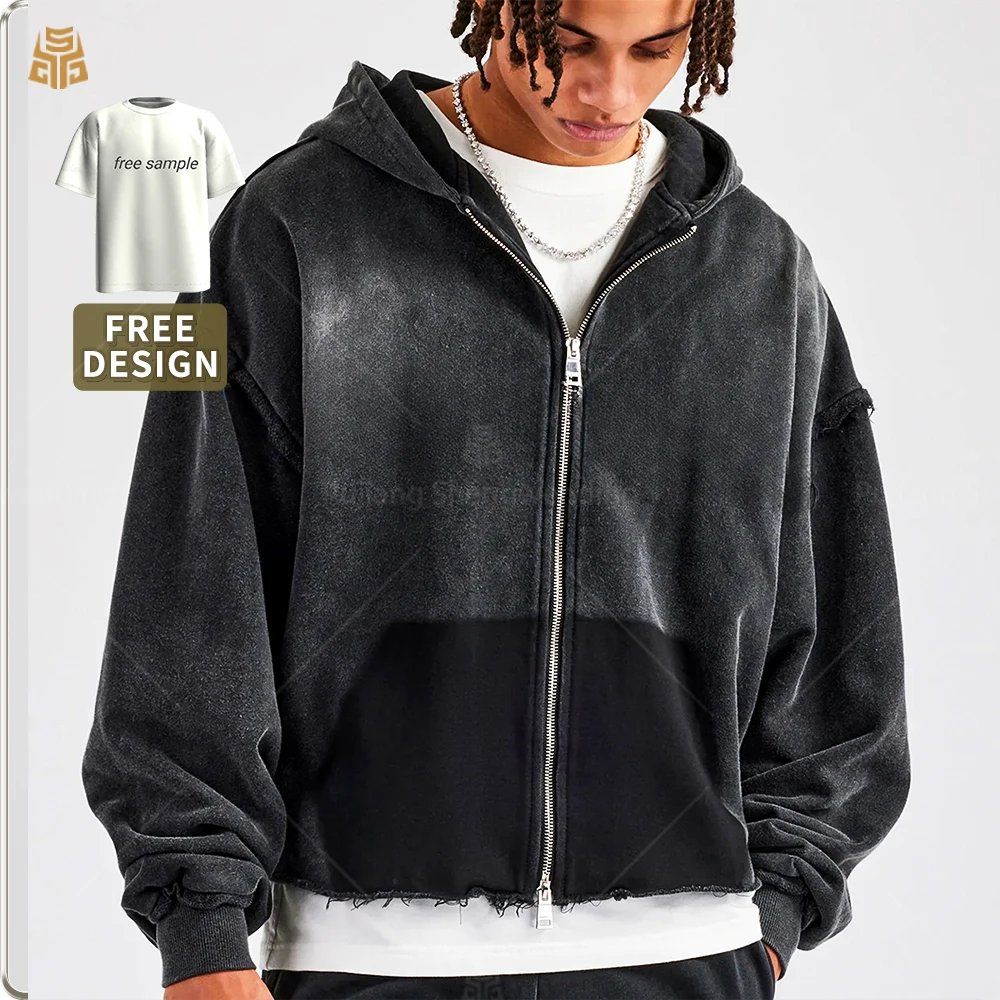 product custom acid washed 460 gsm cotton hoodie oversized boxy fit cropped full zip embossed streetwear distressed mens hoodie-1