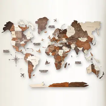 3D Wood World Map Wall Decor Antique Wooden Map of the World Easy Installation with Double Sided Tape