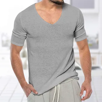 Europe And America Summer Breathable Solid Color Short Sleeved Basic Men's V neck T-shirts