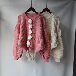 Sweet Cardigan Women 3D Flower Fleece Warm Knit Sweater Woman Autumn Winter Loose Cardigans