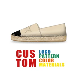 Custom Logo Slip-On Flat NATURAL JUTE DOUBLE T ALINE Embroidered Leather Canvas Trendy Women Walking Style Shoes Espadrilles Men