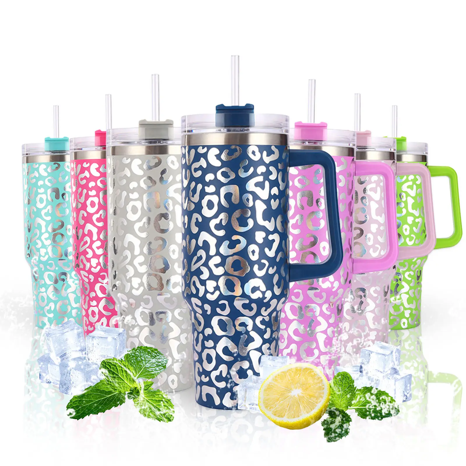 2024 New Design MultiColor 40oz Leopard Engraved Metal Insulated Quencher Stainless Steel Tumbler With Straw Handle Vulcanus