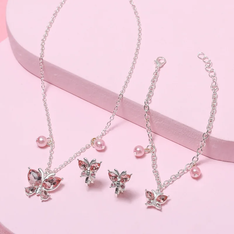 Kids Cute Pink Butterfly Diamond Pendent Necklace Fashion Pear 