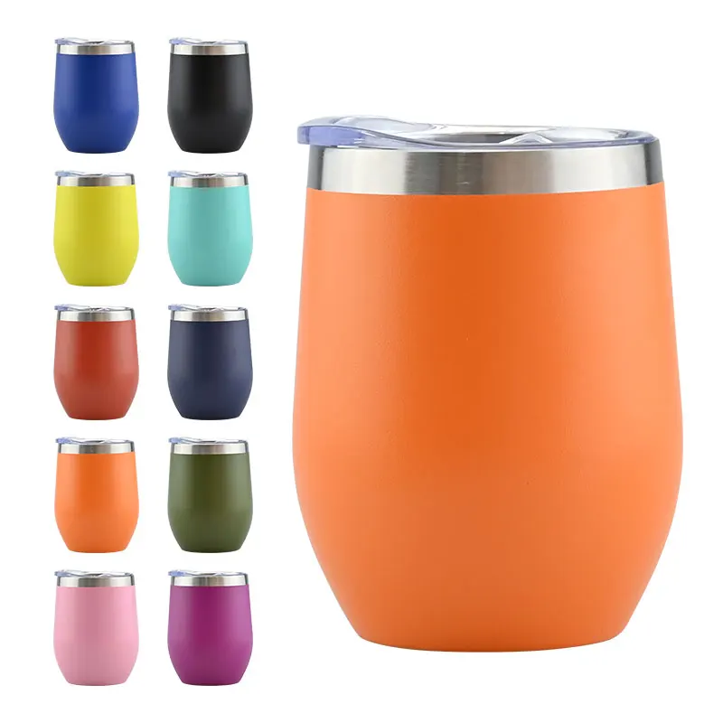 Wholesale custom logo 12oz egg shape stainless steel metal stemless wine tumblers with lid