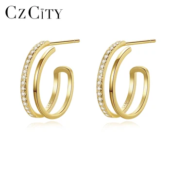 Fashion 925 Sterling Silver Hoop Earrings Gold Plated Diamond Zirconia Minimalist Jewelry for Women Trendy Silver Cuff Huggie