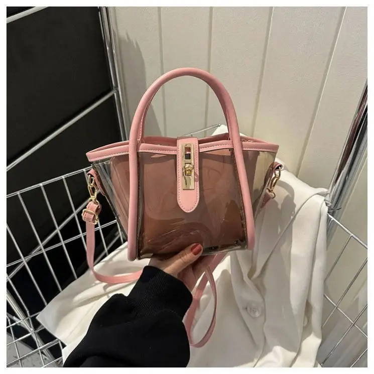 2022 New Bright Color Jelly Handbag Cute Girl Crossbody Shoulder Bag Double Layer Clear Pvc Jelly Women Tote Bag
