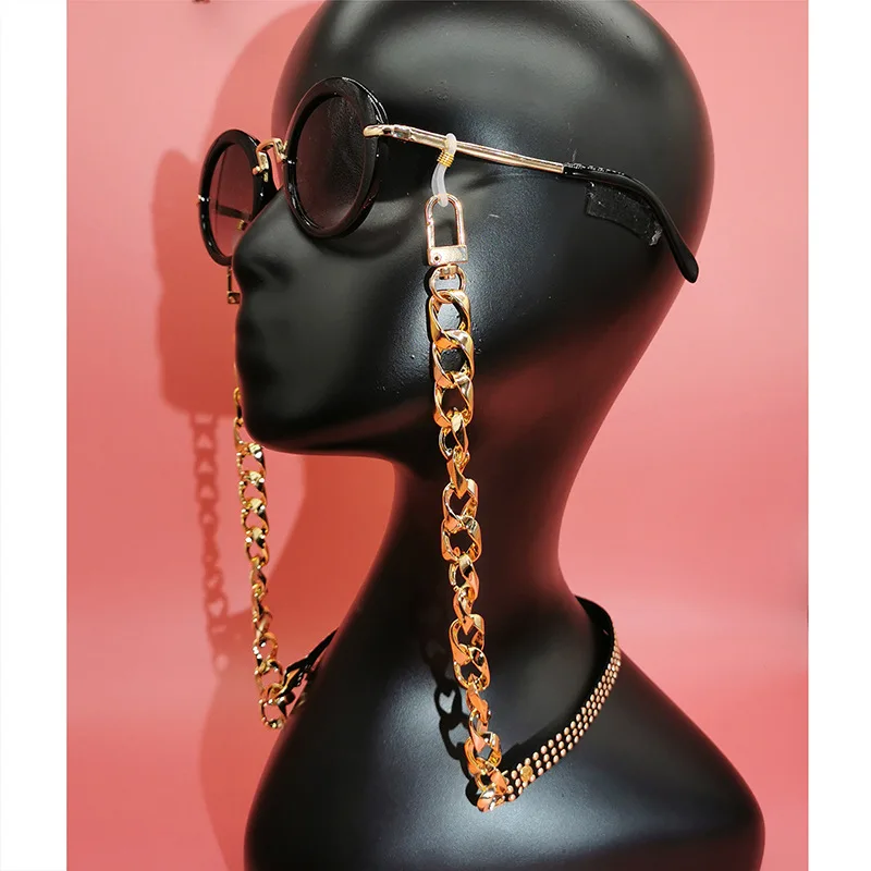 HIPHOP rock style rivet PU leather acrylic thick glasses necklace chain anti-drop glasses neck strap chain gemestines