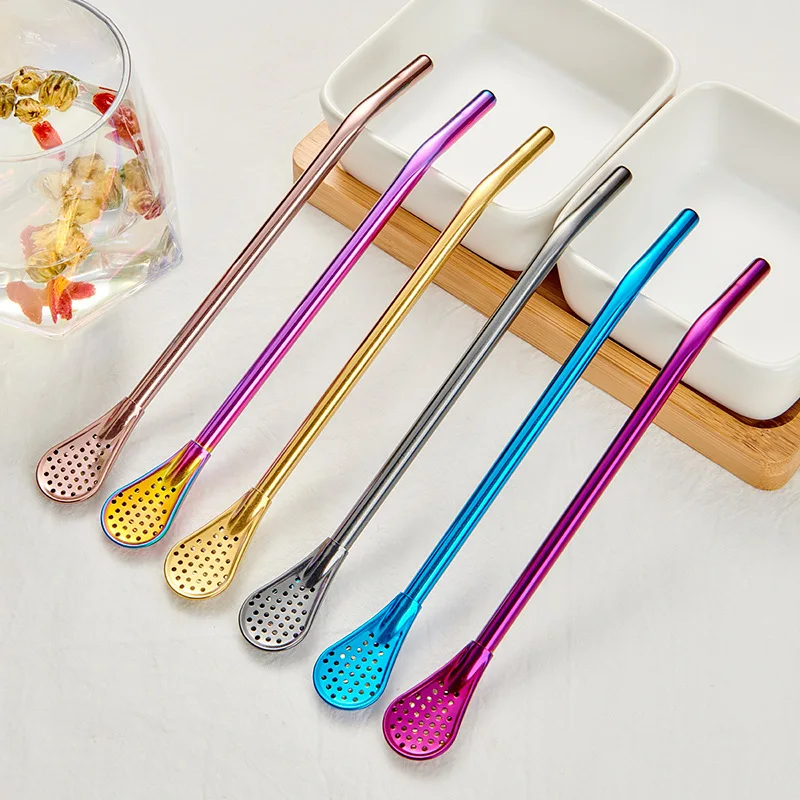 2 IN 1 Stainless Steel Drinking Straws with Filter Spoon Reusable Metal Stirring Spoon Straws