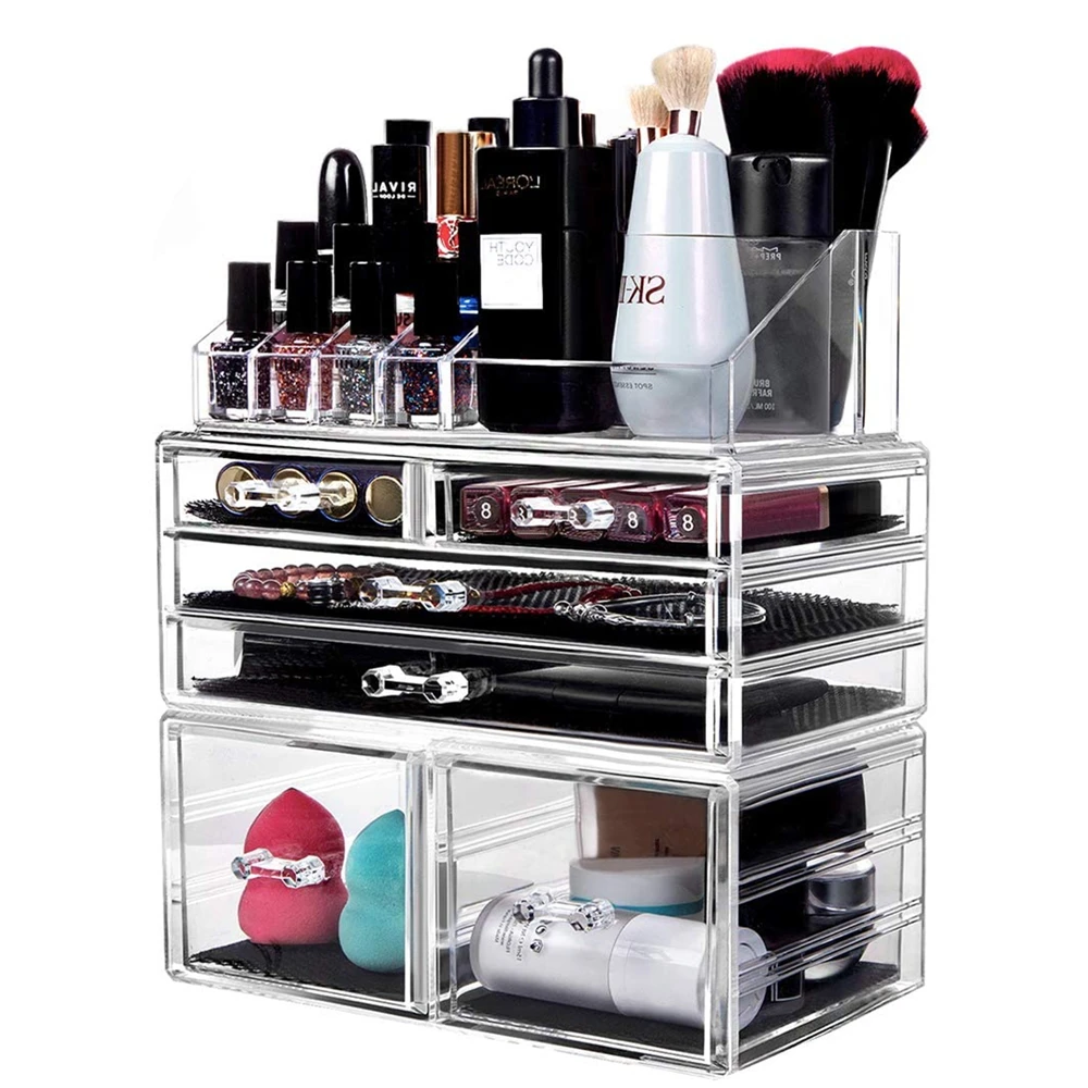 Cosmetic Organizer Acrylic Makeup Organizer Jewelry Box Organizer 3 Pieces Set with 6 Drawers Lipstick Holder Stackable Desktop