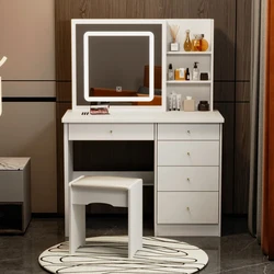 Large storage space smart french white sliding touch control mirror dressing table set with Stool and Mirror