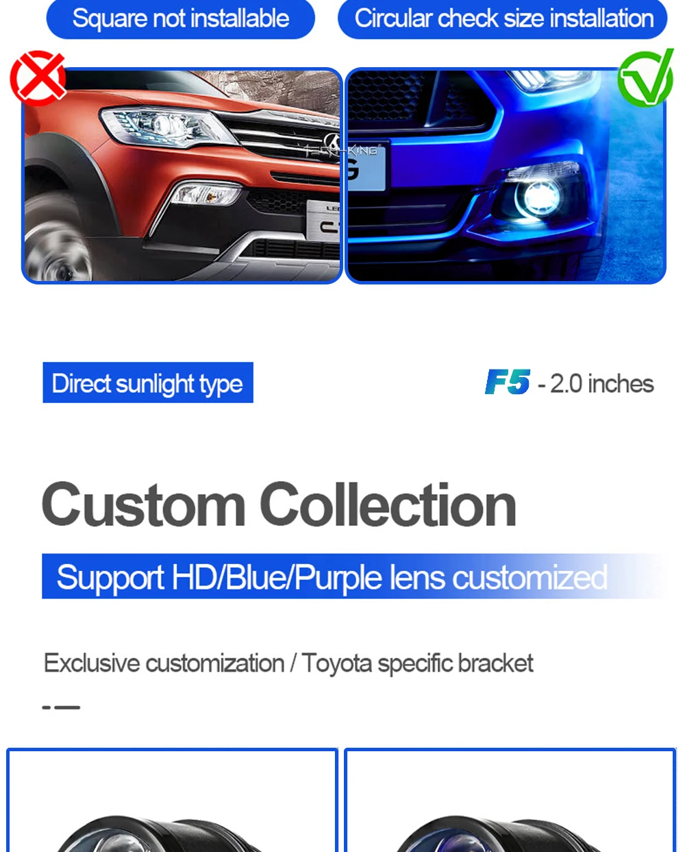 TECH-KING Automobile 2-inch 12V universal LED three-light matrix projector fog lamp for Toyota Nissan laser lens fog lamp