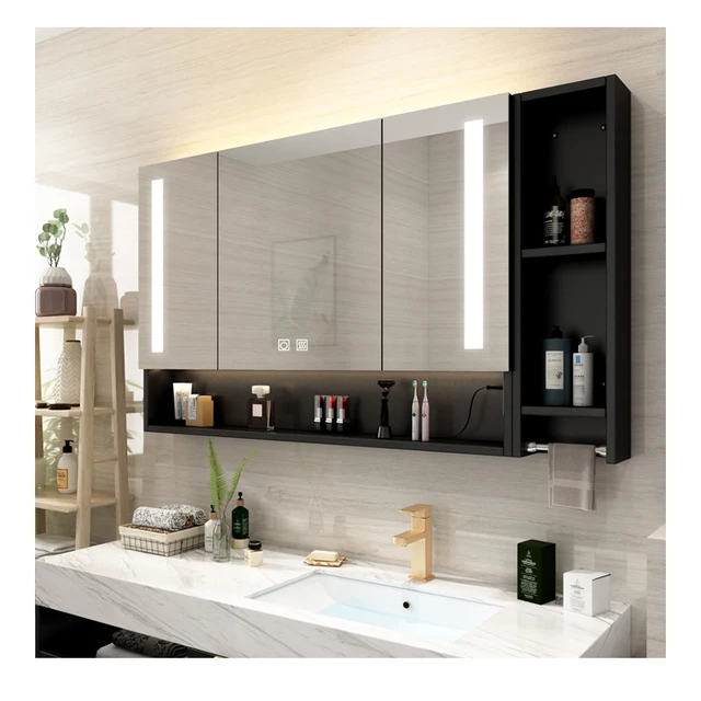 Foshan modern stainless steel bathroom vanity medicine cabinet wall mounted bathroom cabinet mirror With Light black