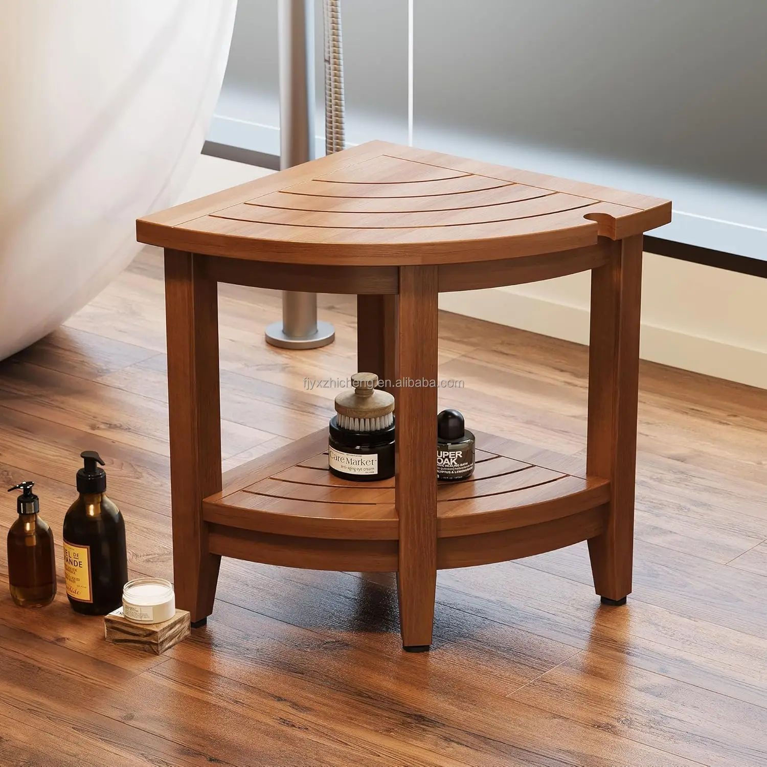 product teak corner shower stool adjustable non slip feet 2 tier storage shelf for shaving legs bathroom furniture-1
