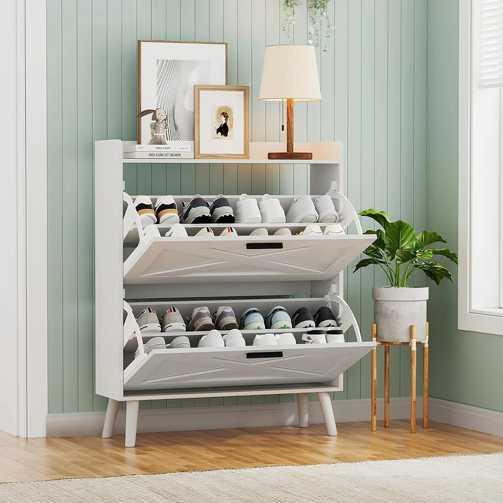 32\" Modern Farmhouse White Shoe Storage Cabinet 2 Flip Drawers Barn Door Design Adjustable Shelves Slim Narrow Shoe Rack supplier