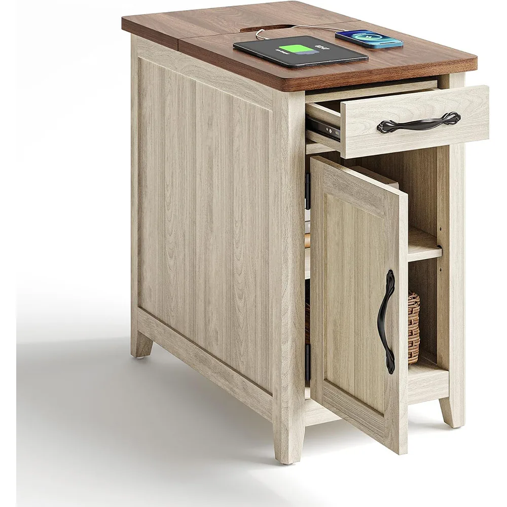 Modern Style Narrow Bedside Table with Charging Station Drawer Sofa Side Table for Bedroom & Living Room Feature Storage manufacture