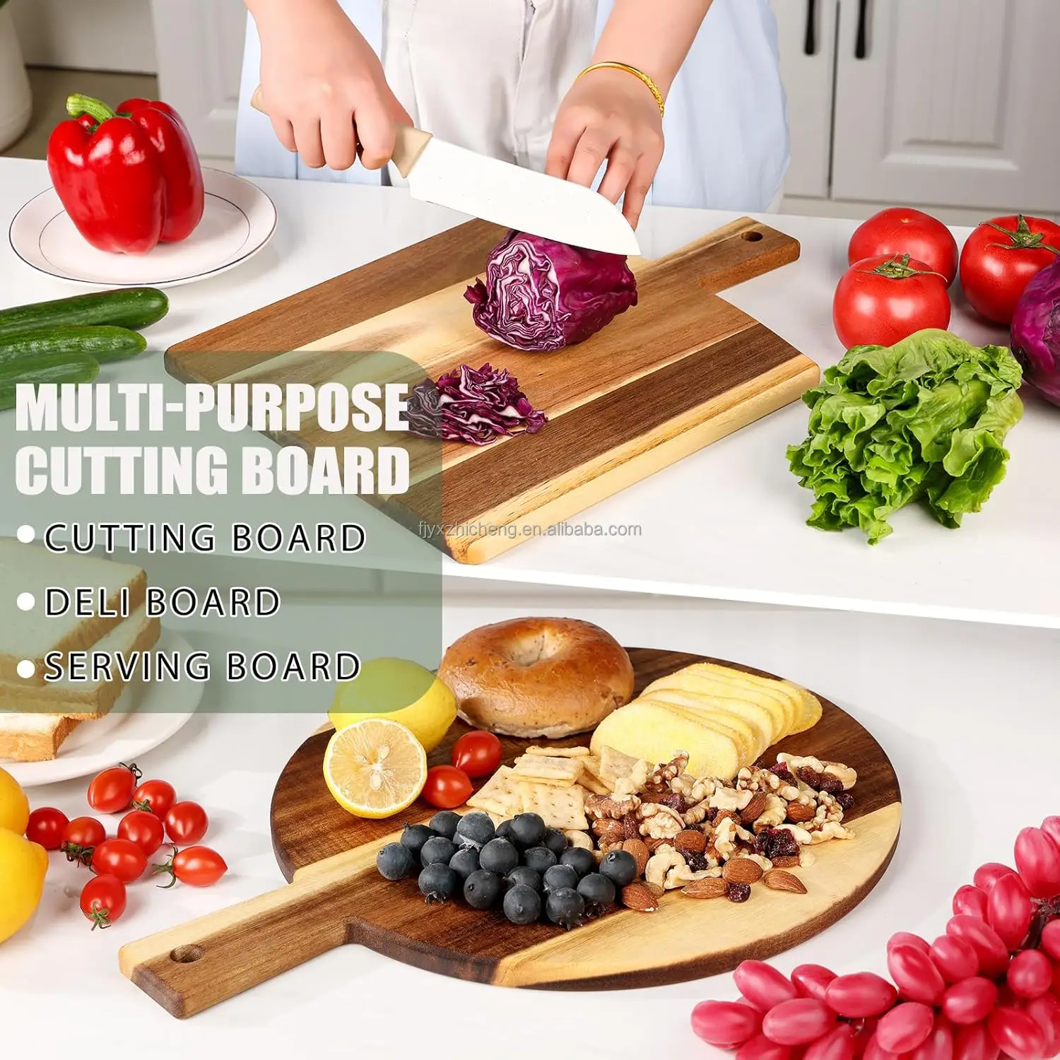 product 2 pack acacia wood square cutting board set with stand 06 inch thick for cheese meat pizza vegetables 16x12 inch-5