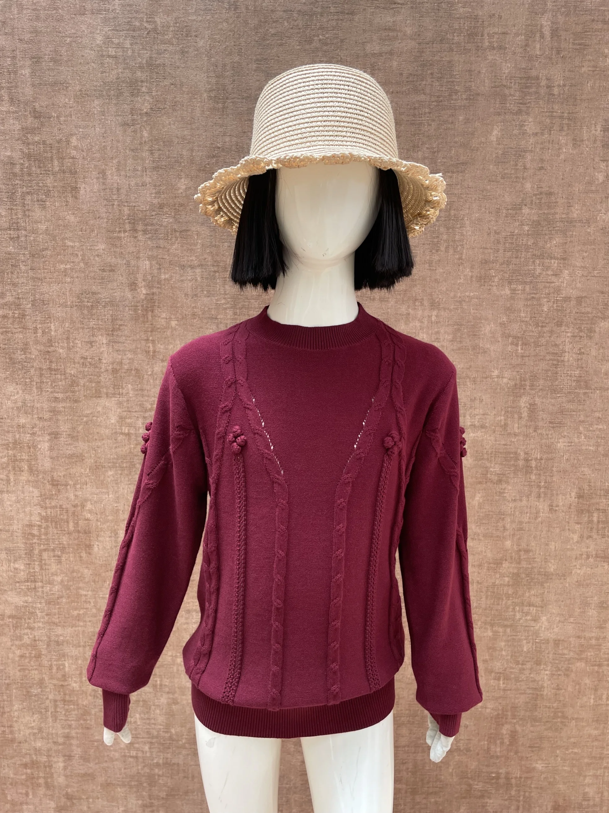 OEM ODM  new design burgundy flora knitted o-neck collar pom pom  soft winter Girls kids cardigan