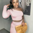 2021 Summer Spring Soild Long Sleeve Notched Crop Top Dropped 2 Piece Set Maxi Bodycon Dress
