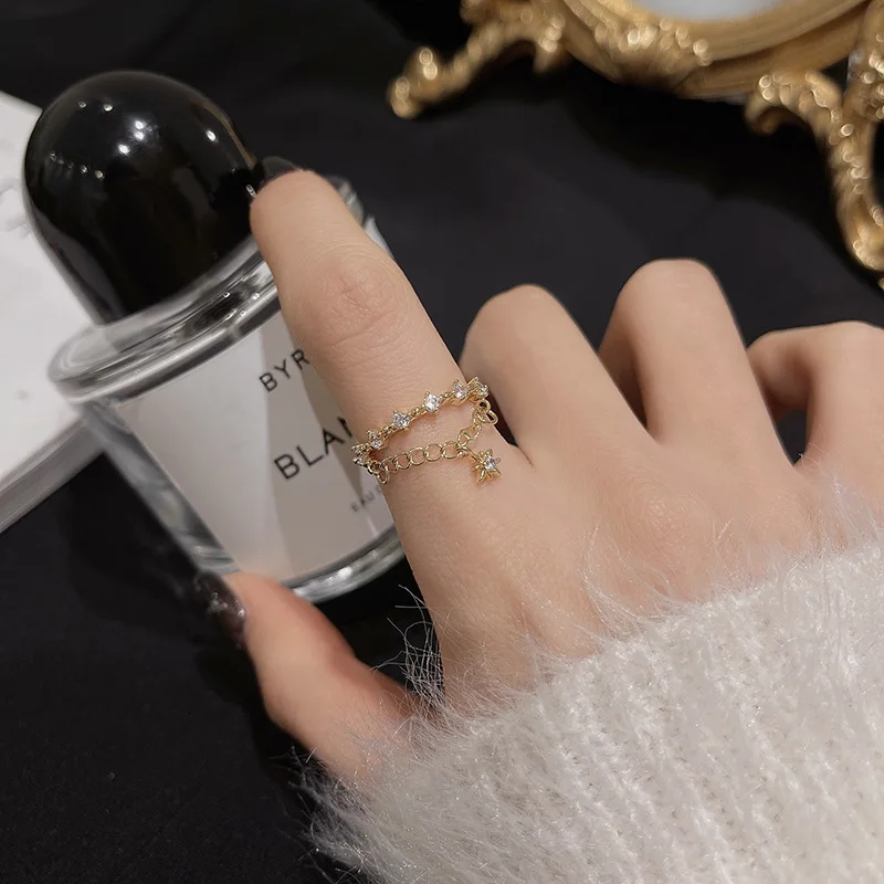Korean version hexagram Zircon ring Fashion personality index finger ring temperament delicate jewelry