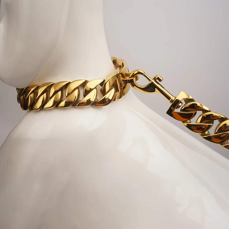 Factory 32MM Dog Lead Gold Dog Leash Stainless Steel Metal Chew Proof for Large Dogs Pet Traction Rope