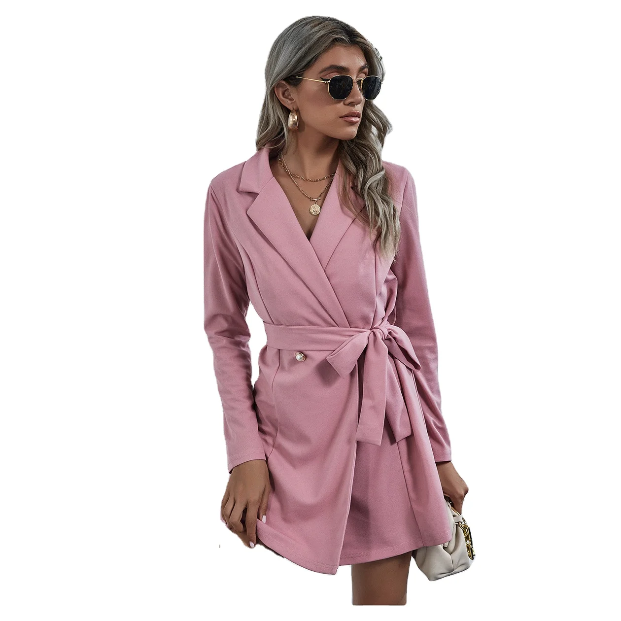 2021 new trendy mature pink dress Korean style strappy mini open collar long sleeve fashion dress