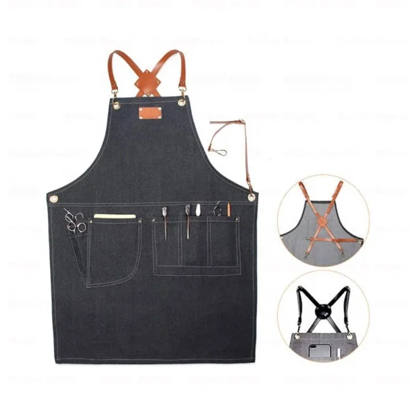 Mulit Packet Barber Apron With Leather Pocket and Shoulder strap  Work Tool or Antifouling Barber Apron