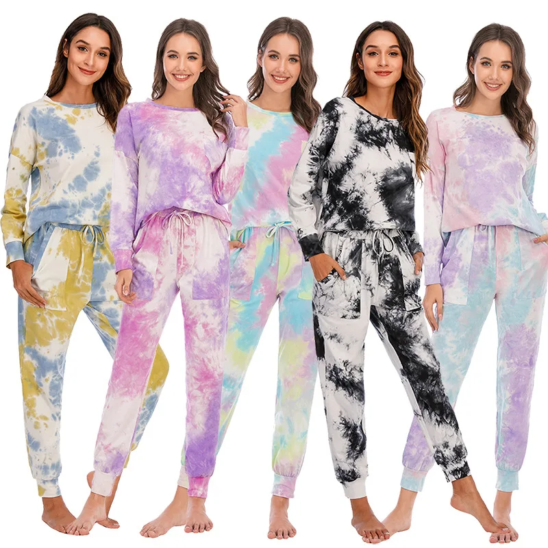 Tie Dye Lounge Sets for Women Long Sleeve Tops and Pants Long Pajamas Joggers PJ Sets Nightwear Loungewear Hoodie 