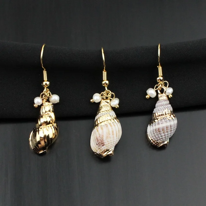 Bohemian ins style gold plated pearl shell conch tortoise shell earrings for women