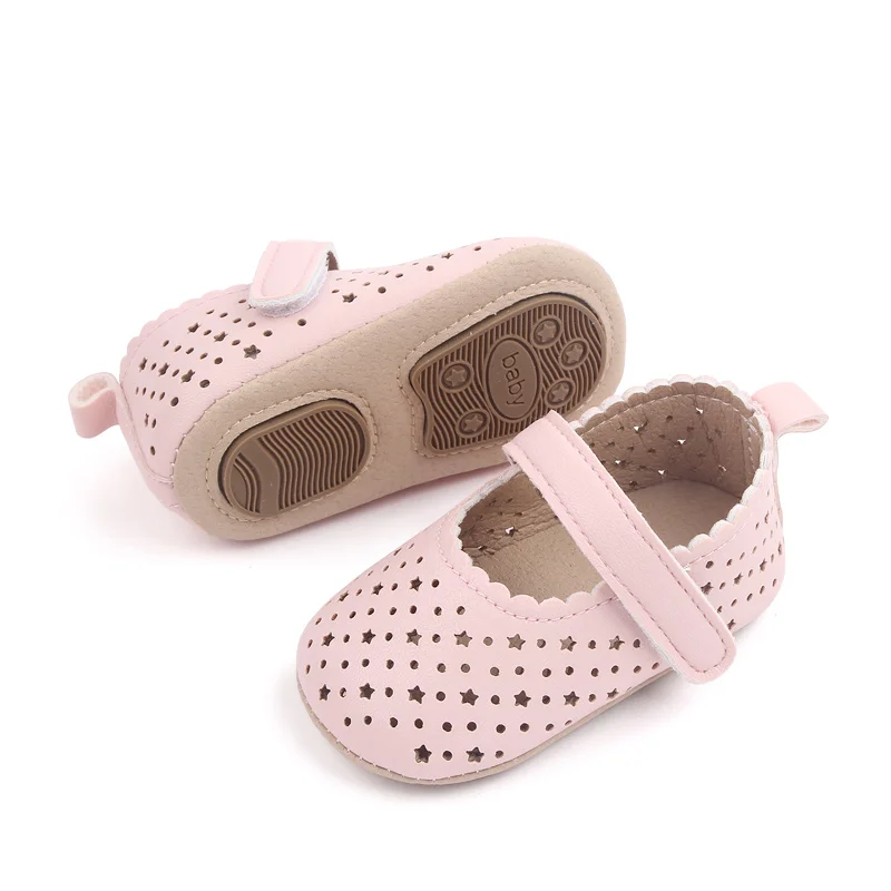 New Pu Leather Face Solid Color Hollow Circle Star Baby Soft Soled Princess Toddler Leather Shoes details