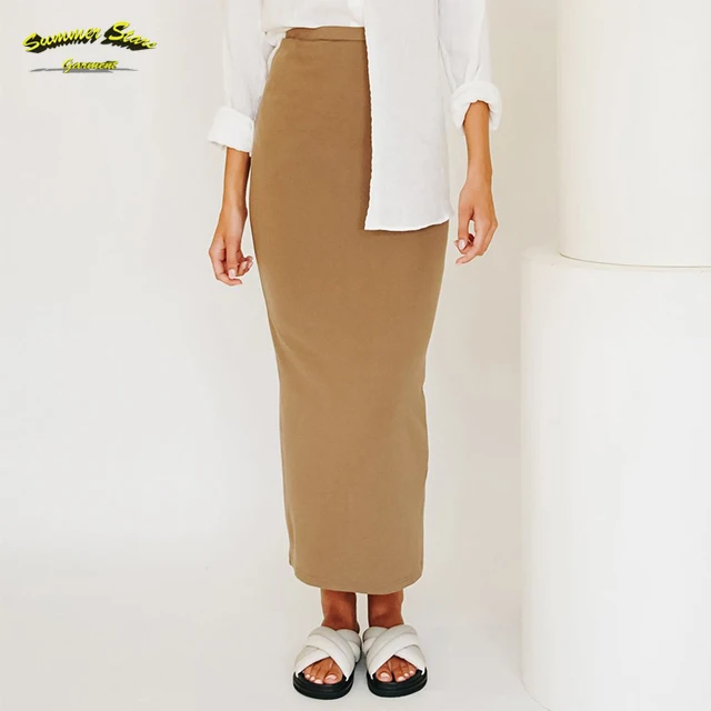 Female Clothing Wholesale Manufacturer Fashion 2021 Knitted Fabric Casual Bottom Split Pencil Elastic Maxi Long Clothing Skirt