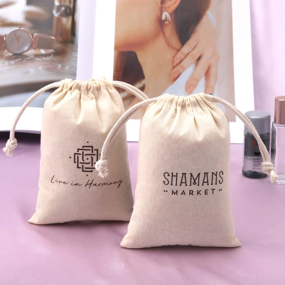 Custom Logo Printing Organic Muslin Jewelry Drawstring Bag Recycled Cotton Gift Dust Packaging Pouch