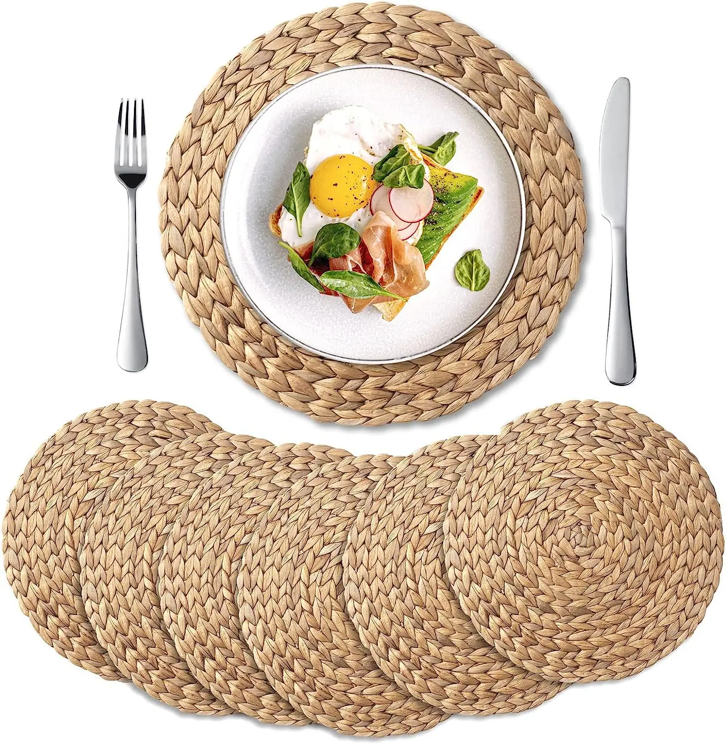 Round Woven Placemats Natural Water Hyacinth Braided Straw Table Mats for Dining Table