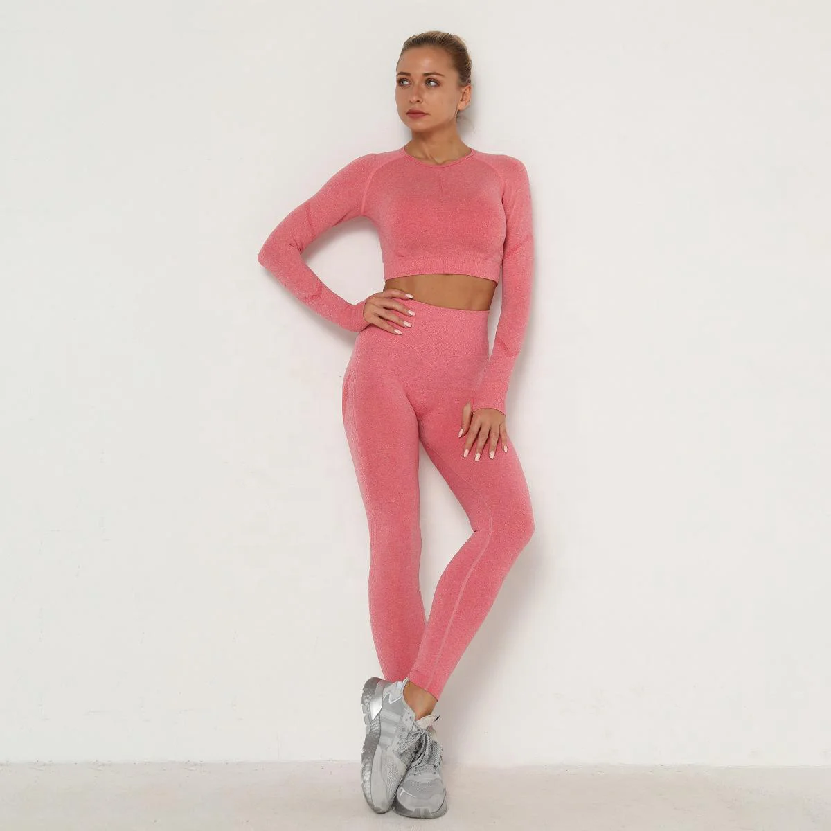 Workout Outfits for Women 2 Piece Ribbed Exercise Long Sleeve Tops High Waist Leggings Active Yoga Set