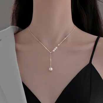 Fine Jewelry Necklaces S925 Sterling Silver High-end Pearl Necklace Niche Long Collarbone Chain Women