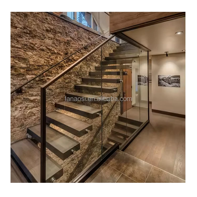 Modern Timber Invisible Stringer Cable Railing Floating Staircase