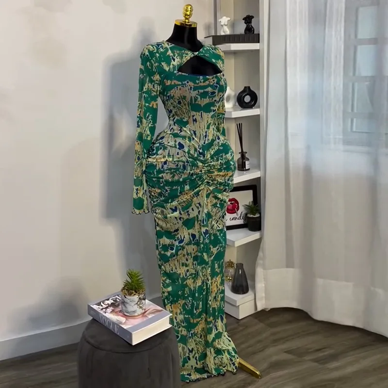 European American Women's Spring New Sweet Fresh Printed Hollow-Out Collar Long-Sleeve High-Waist Slim Hip Anti-Static details