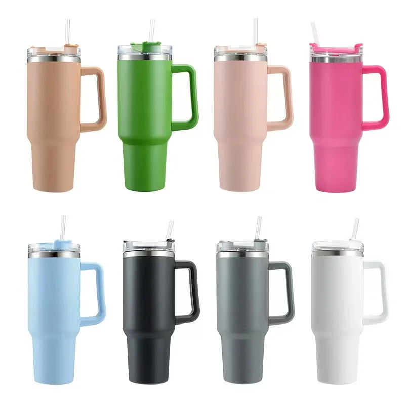 Large size Custom color car cup tumbler outdoor camping double wall vacuum insulated stainless steel with handle and straw