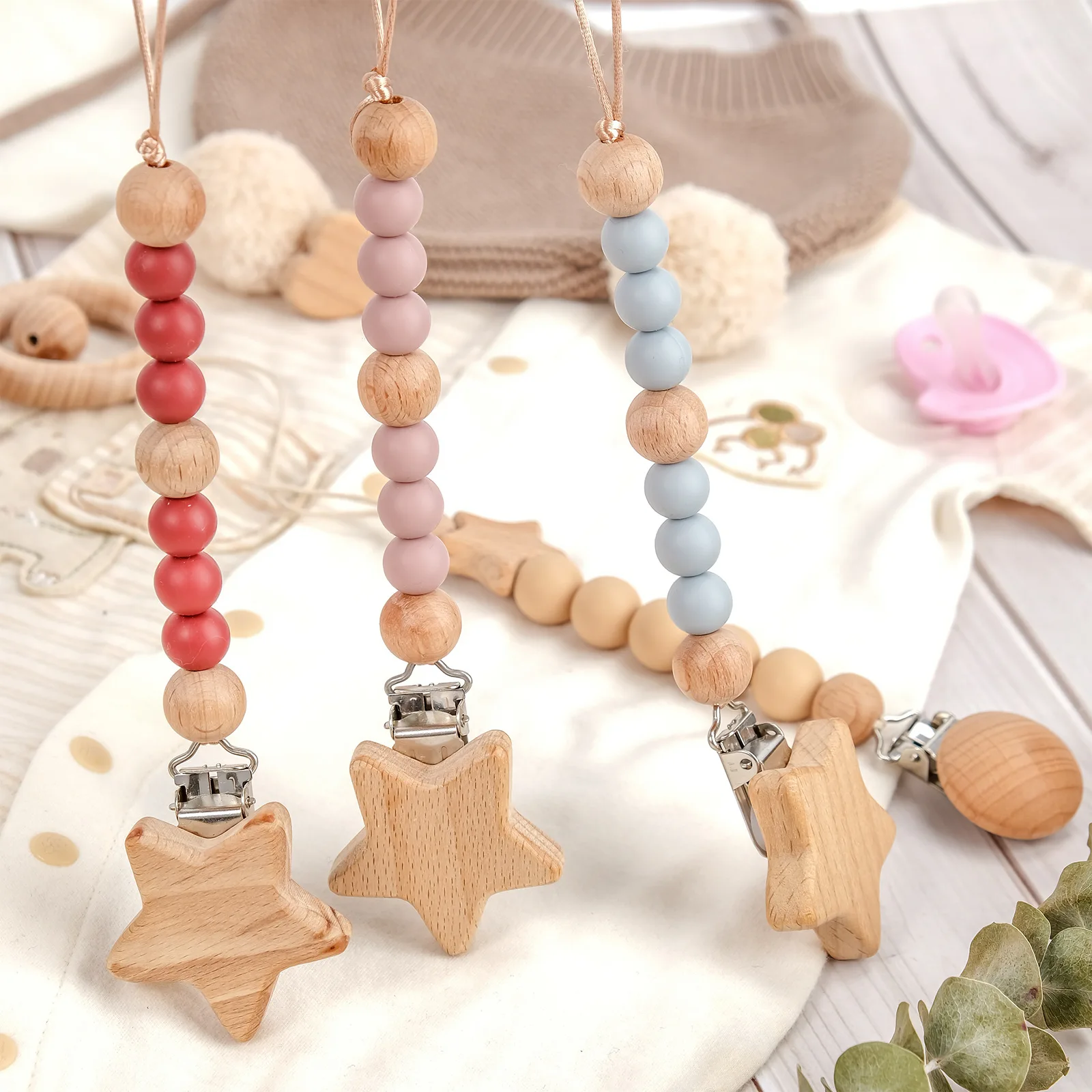 Wooden Silicone Pacifier Clips Holders Paci Clip Teething Relief with Neutral Baby Binky Holder Baby Shower and Gift
