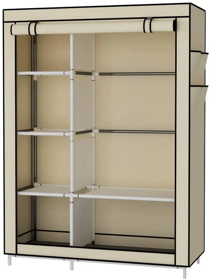 Hot Selling Simple Wardrobe Two-row Non-woven Wardrobe with 4 Side Pockets Zipper Type Hanging Curtain
