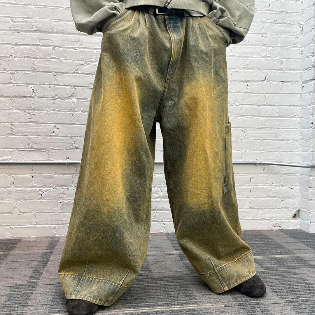 product custom men100cotton two tone raw denim wide leg jeans oversized vintage washed embroidered streetwear denim long pantsoem-4