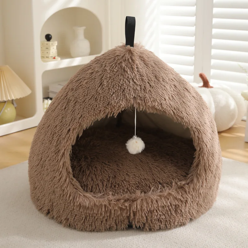 product fluffy dog cat cave bed with ball toys multi colors doggy cat sleeping bed indoor cat house-54