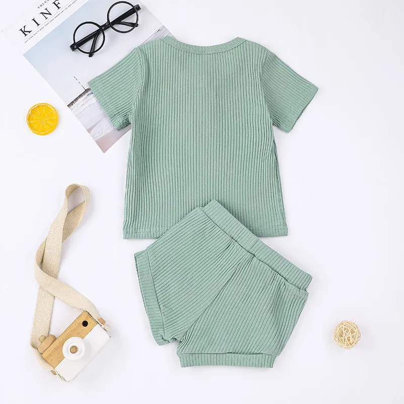 Baby shirts shorts outfits Suit soft knitted casual suit summer boutique kids solid striped boys girls baby clothing set